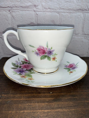 Vintage Duchess Estelle Teacup & Saucer, Purple, Pink Floral - England