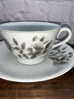 Vintage Porcelain Teacup & Saucer, Grey Roses and Foliage Transfer-Ware - Japan