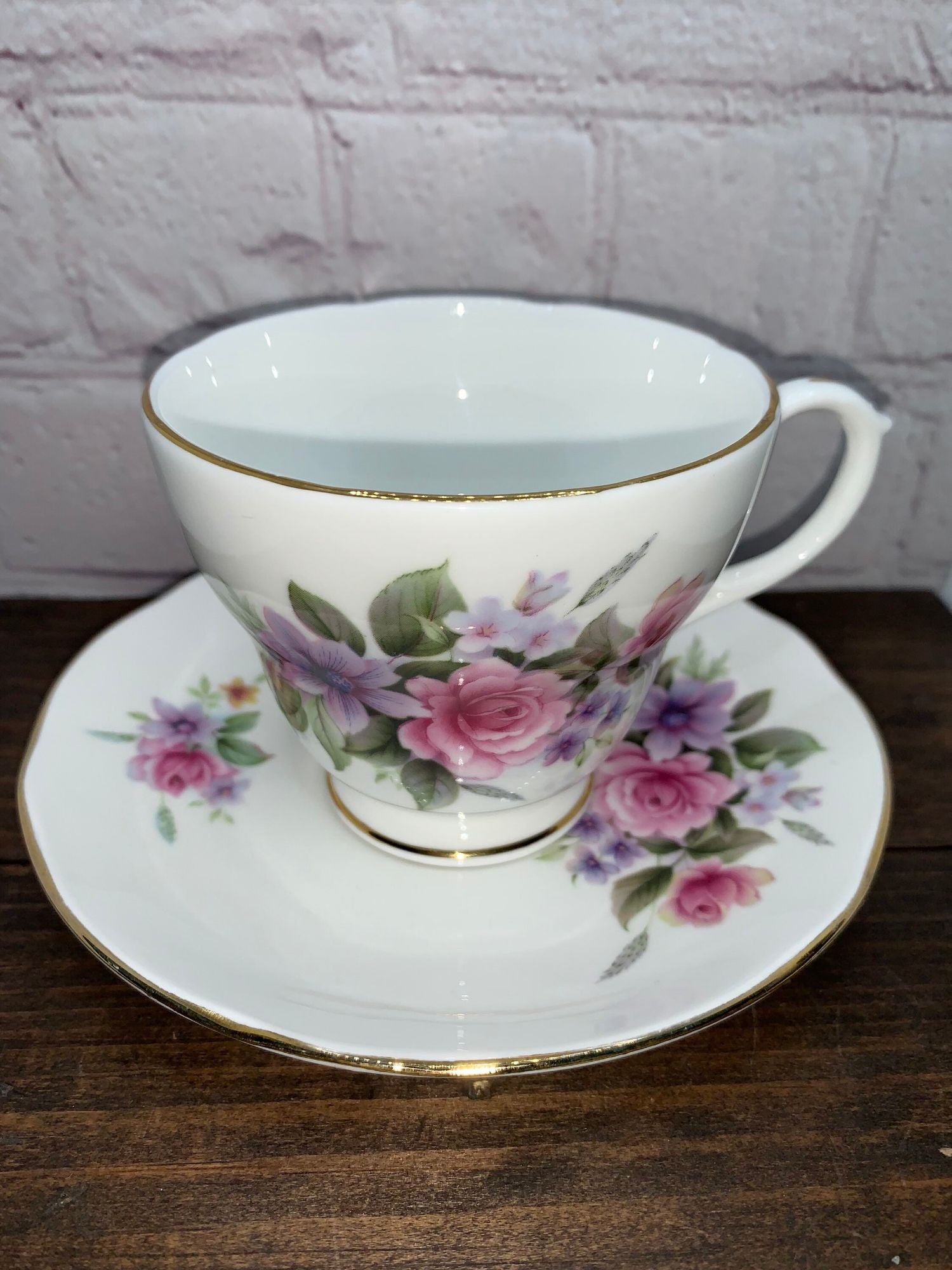 Vintage Duchess Estelle Teacup & Saucer, Purple, Pink Floral - England