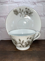 Vintage Porcelain Teacup & Saucer, Grey Roses and Foliage Transfer-Ware - Japan