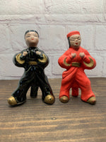 Vintage Ceramic Asian Self Defense Figurine Salt & Pepper Shakers - 1950s Japan