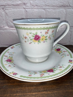 Vintage Springtime Floral Spray Teacup & Saucer, Pink, Yellow, Green, Transfer-ware China - 1970s