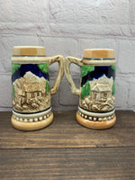 Vintage Renaissance Beer Stein Salt & Pepper Shakers- Raised Sculpture, Village, Hand-Painted 1970s