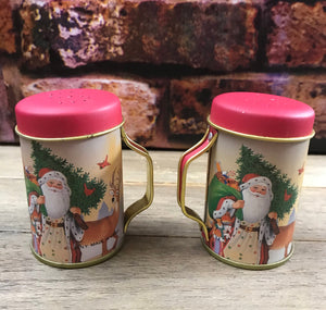 Vintage Christmas Santa Tin with Handles Salt & Pepper Shakers  1970's