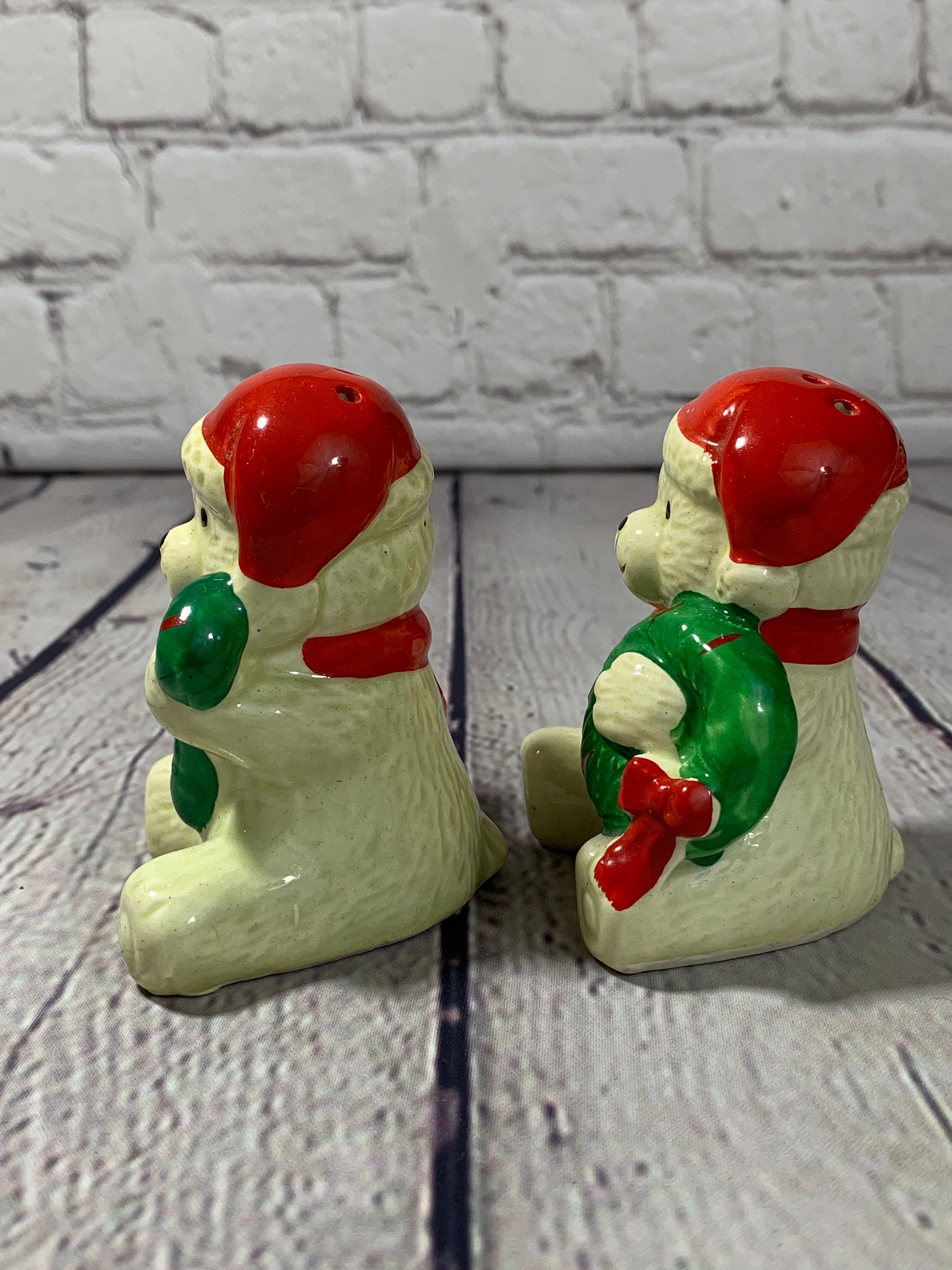 Vintage Ceramic Glazed Christmas Bears Salt & Pepper Shakers-1980's