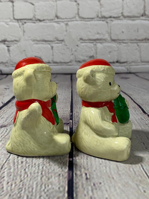 Vintage Ceramic Glazed Christmas Bears Salt & Pepper Shakers-1980's