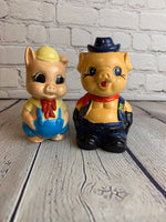 Vintage Pottery Pig and Sheriff and Construction Worker Salt & Pepper Shakers- Japan