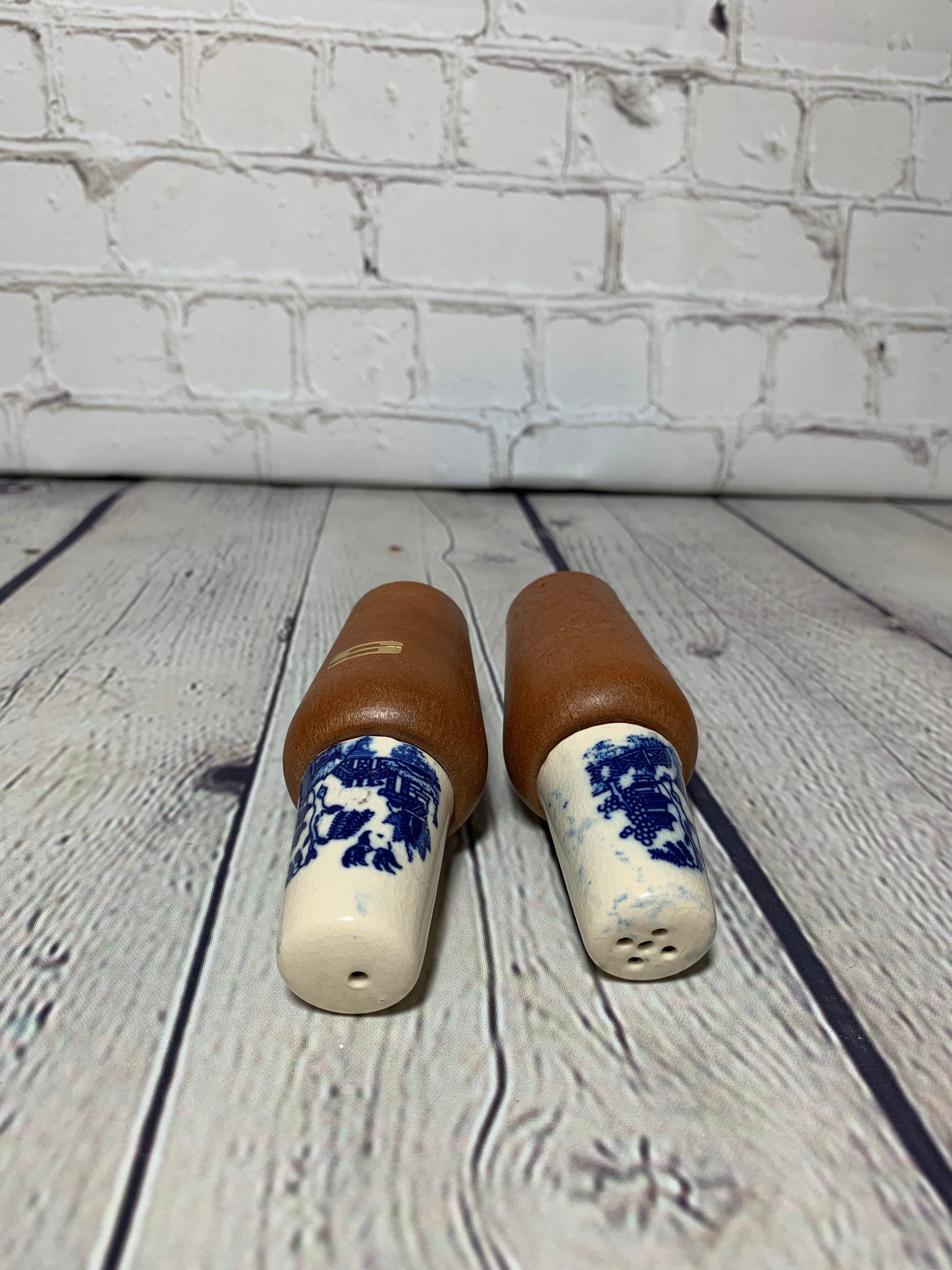 Vintage Handpainted Blue on White Porcelain China and Teak MCM Salt & Pepper Shakers-Japan