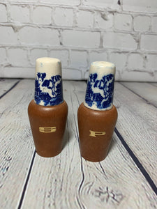 Vintage Handpainted Blue on White Porcelain China and Teak MCM Salt & Pepper Shakers-Japan