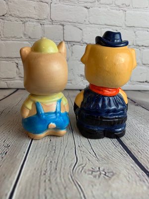 Vintage Pottery Pig and Sheriff and Construction Worker Salt & Pepper Shakers- Japan