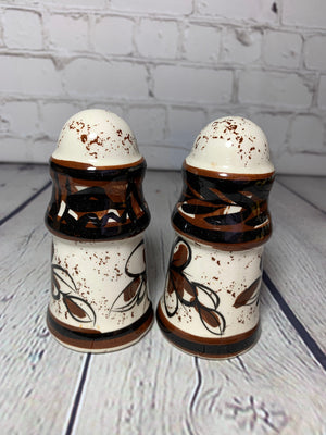 Vintage MCM Brown on White Pattern Ceramic Glazed Salt & Pepper Shakers