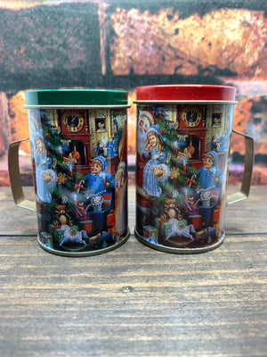 Vintage Old World Christmas Theme Tin Can Mug Style Salt & Pepper Shakers