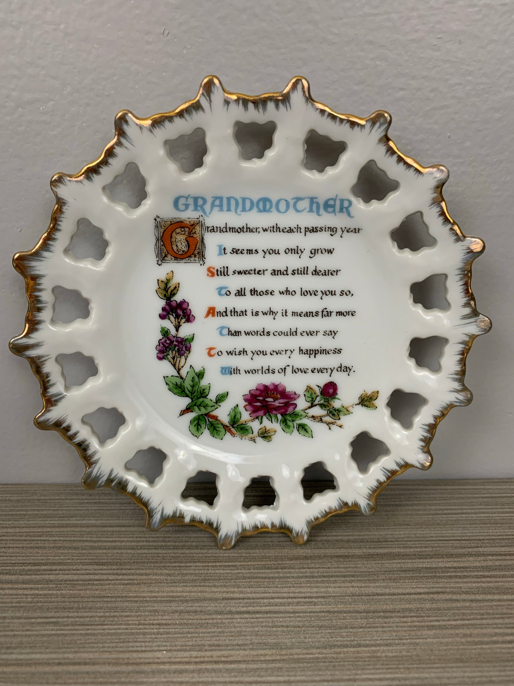 Vintage Collectible plate w/ Grandmother Poem Reticulated Pierced Edge GOLD