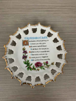 Vintage Collectible plate w/ Grandmother Poem Reticulated Pierced Edge GOLD