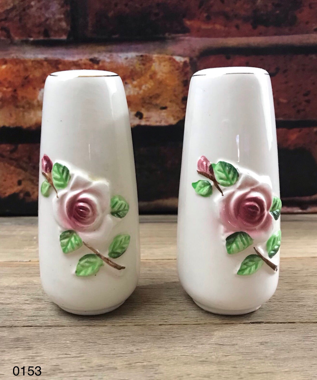 Vintage Mid-Century Ceramic Raised Rose Peddle Salt & Pepper Shakers