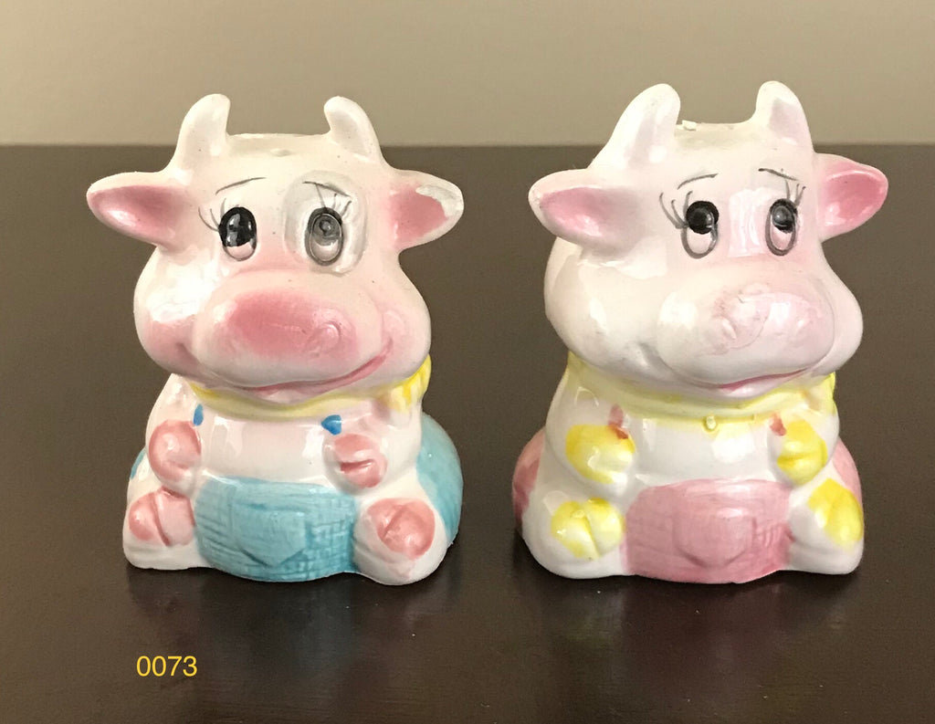 Vintage Ceramic Pottery Cow Salt & Pepper Shaker Set, Painted and Glazed with Farm Clothing Design - 1960’s