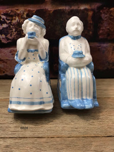 Vintage Ceramic Early Century Couple Drinking Coffee in Rocking Chair Salt & Pepper Shakers Dept 56-1950’s
